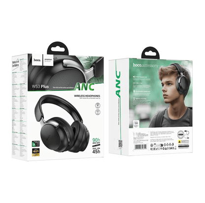 Hoco W53 Plus wireless headphones packaging with a person wearing the headphones on a white background