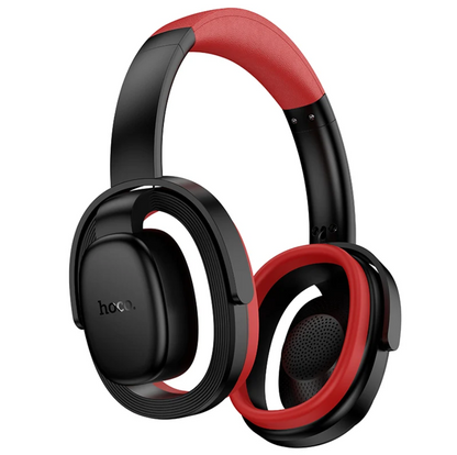 Black and red over-ear headphones with a matte finish, featuring the 'hoco' brand logo on the left ear cup, shown against a solid white background.