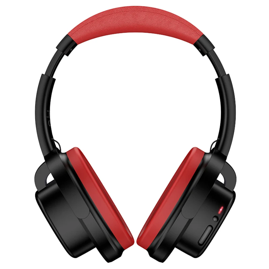 Black and red over-ear wireless headphones shown from a side angle on a plain white background.