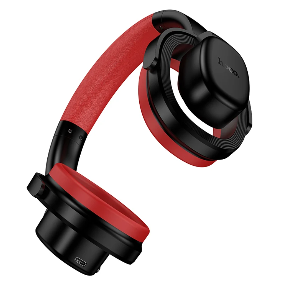 Red and black over-ear headphones shown at an angle on a plain white background, with the brand name 'beo' visible on the earcup.