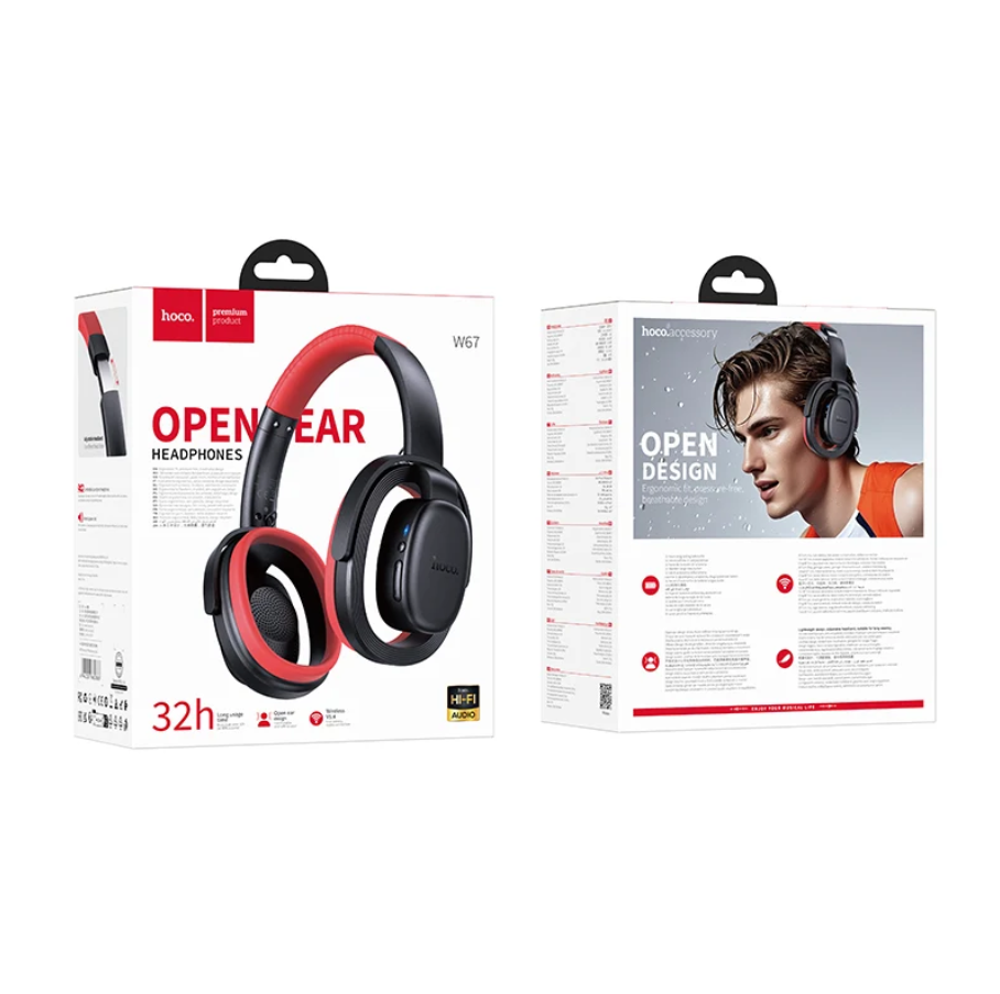 Two views of the Bozo open-ear headphones retail packaging on a plain white background, showing the front with a red-and-black headphone image and the back with product details and a model photo.