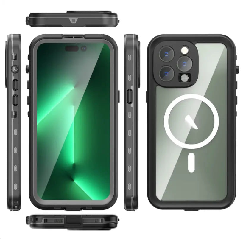 Front view of waterproof and shockproof iPhone 16 Pro case – clear protective cover