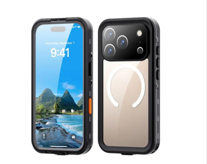 Front view of waterproof & shockproof iPhone 17 Pro Max case – clear protective cover