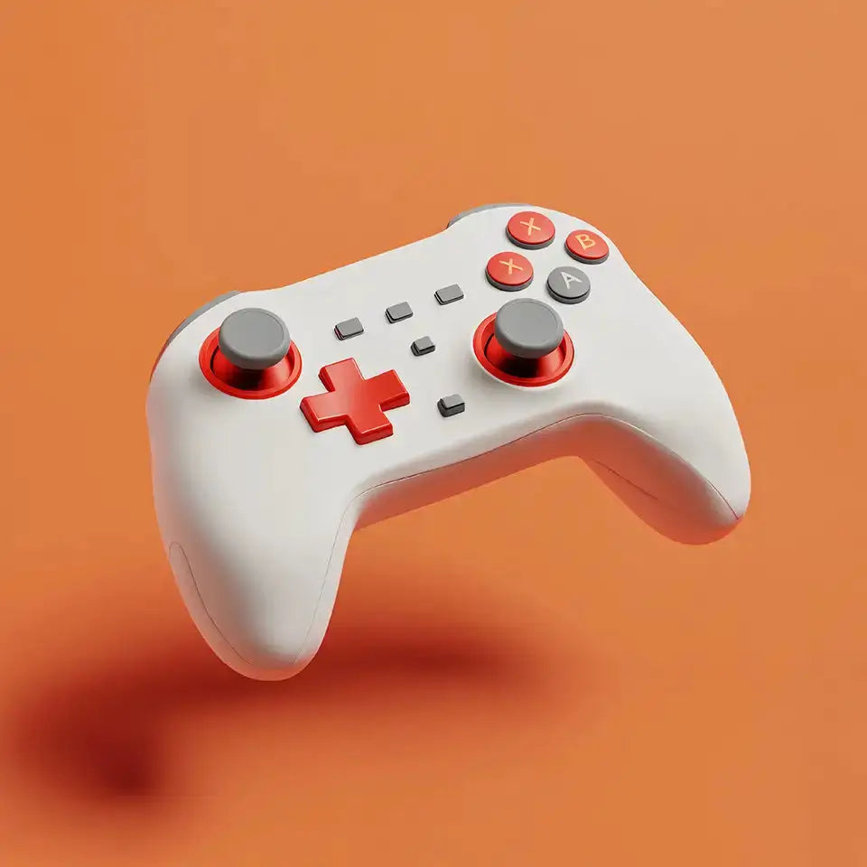 A modern white game controller with red and gray controls, floating against a solid orange background.
