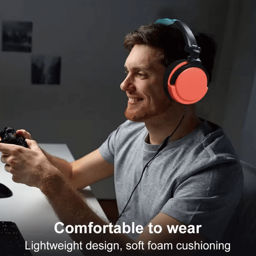 Man wearing headphones and holding a gaming controller with text about comfort and design.