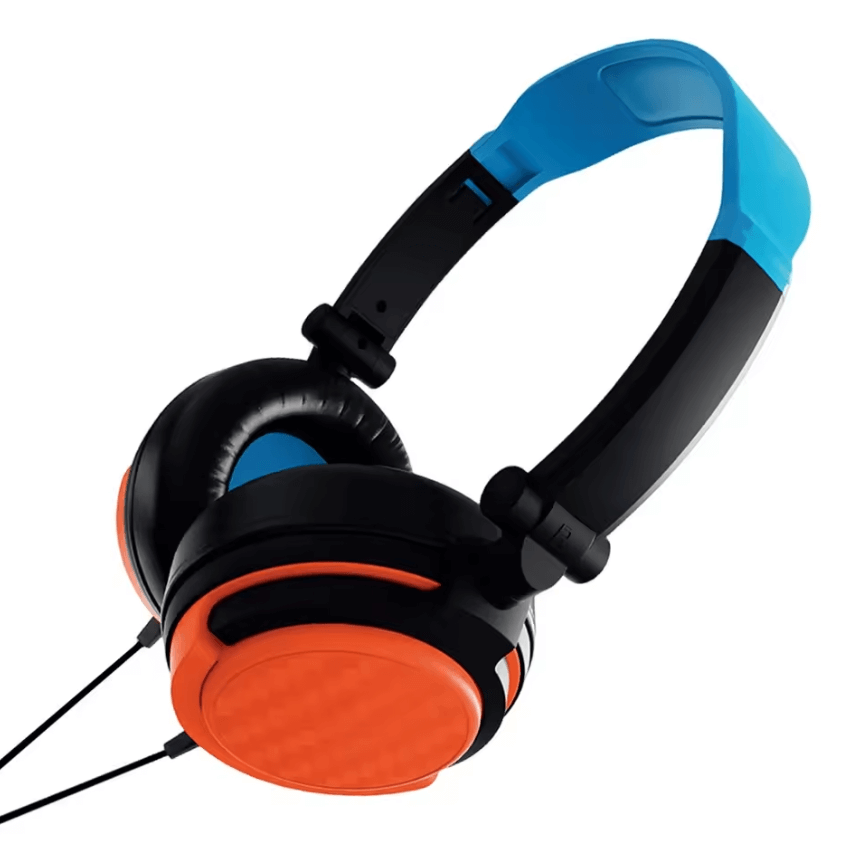 Headphones with black, orange, and blue design on a white background