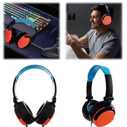 Gaming headphones with colorful design, placed on a desk with a keyboard and mouse, and a person wearing them.