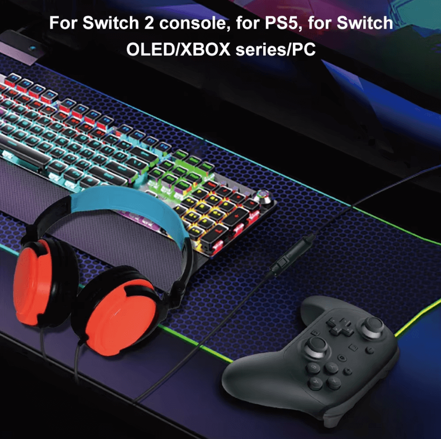 Gaming accessories including a keyboard, headphones, and controller on a dark surface with text about compatible consoles.