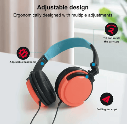 Orange and blue headphones with adjustable features on a white surface.