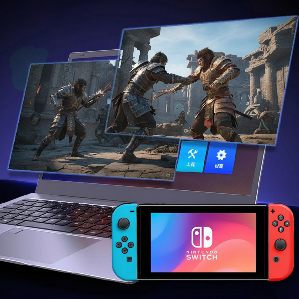 Laptop displaying a video game scene with a Nintendo Switch beside it.