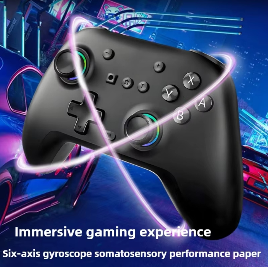 Black gaming controller with colorful lighting effects on a vibrant background