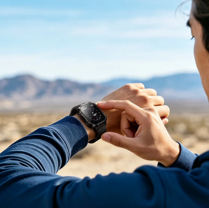 A person outdoors in a desert landscape wearing a black smartwatch and touching the screen, shown from behind over the shoulder.