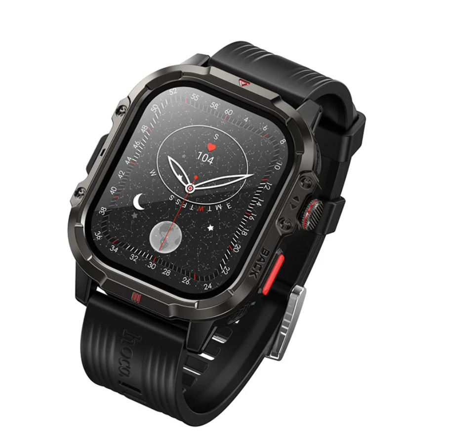 A rugged smartwatch with a black textured silicone strap and a dark metallic case, shown at a three-quarter angle on a solid white background.