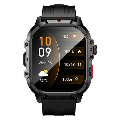 A rugged black smartwatch with a textured strap and a rectangular display, shown on a plain white background. The screen displays a dark user interface with orange, white, and yellow elements.