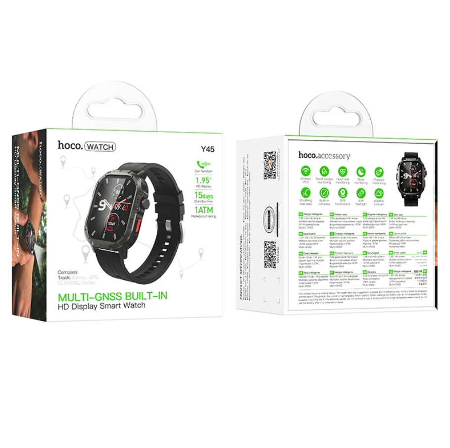 Two views of the Hoco Watch Y45 smart watch packaging box, showing the front and back details on a plain white background.